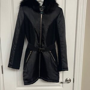 Black Faux Fur-Trimmed Women's Coat Size S